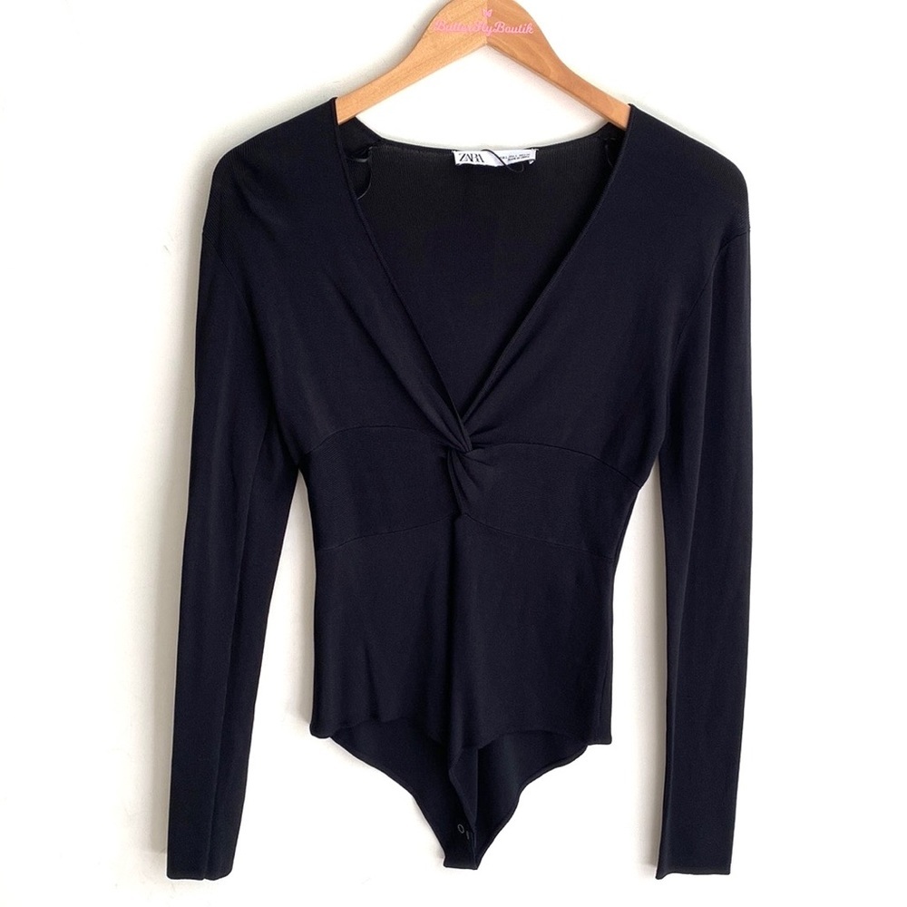 Zara Black Long Sleeve V Neck Ribbed Faux wrap tie Bodysuit, Size L, NWT